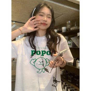 正肩白色短袖t恤女2025早春新款寬松休閑重磅純棉打底內搭上衣ins
