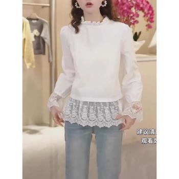 蕾絲花邊白色T恤女早春寬松打底衫大碼胖MM立領長袖法式氣質上衣
