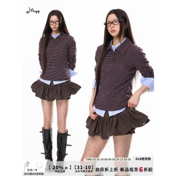 JIKOO【隨心搭配】仿羊毛polo領條紋長袖T恤上衣桑蠶絲針織面料女