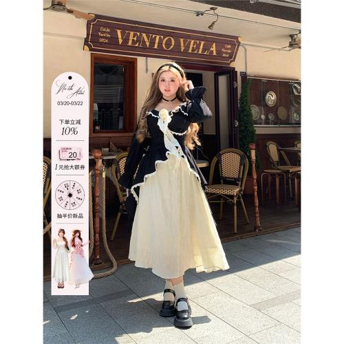 安妮不火赫本風拼接連衣裙女2025秋冬新款微胖大碼小眾假兩件裙子