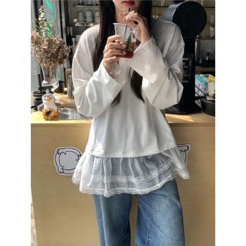 馨幫幫 自制設計感蕾絲花邊下擺長袖T恤2025少女寬松疊穿圓領上衣