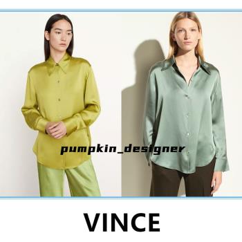 折扣 Vince 春秋款氣質通勤純色圓尖領寬松長袖桑蠶絲襯衫上衣女