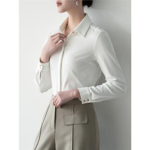 2026輕奢新疆純棉針織法式通勤大尖領襯衫女長袖彈力公務面試襯衣