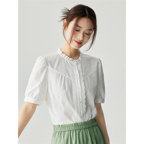 茵曼新疆棉法式花邊襯衣女夏季薄荷曼波氣質通勤舒適襯衫