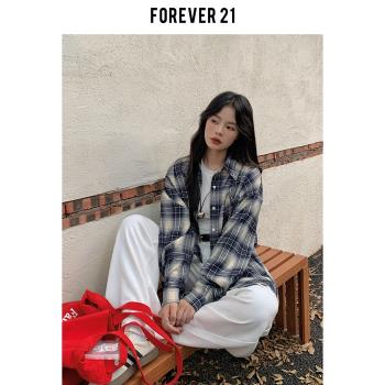 Forever 21復古藍色格紋chic襯衫女秋季美式寬松休閑長袖開衫上衣