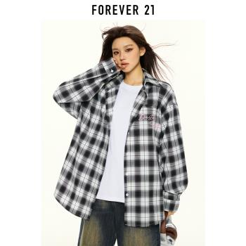 Forever 21美式復古黑白襯衫外套女秋冬新款寬松休閑百搭長袖上衣