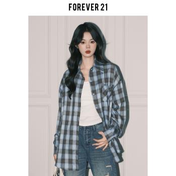 Forever 21美式復古藍格撞色polo領襯衫女春chic寬松開衫外套上衣