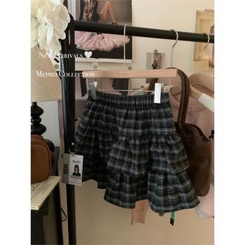 大碼女裝春季新款時尚高腰顯瘦格子蛋糕裙胖mm百搭A字半身短裙子