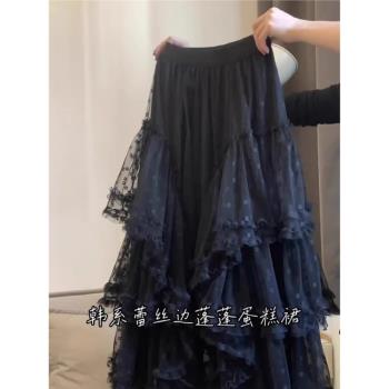 大碼早春新款黑色氣質蕾絲半身裙女a字紗裙甜美公主蓬蓬蛋糕長裙