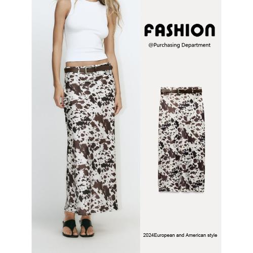 ZA2025春季新品女裝高腰顯瘦配腰帶印花絲緞質感迷笛裙 3152409