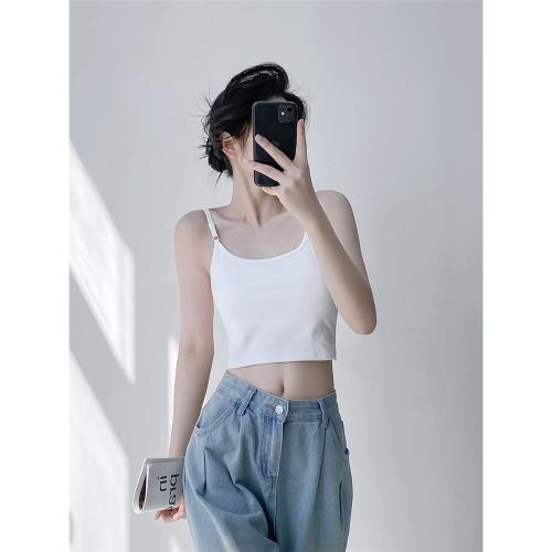 美背帶胸墊純棉短款背心女外穿調節肩帶修身顯瘦露臍吊帶打底上衣