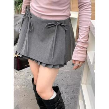 大碼女裝胖mm甜辣風設計感綁帶蝴蝶結雙層時尚百搭短裙氣質半身裙