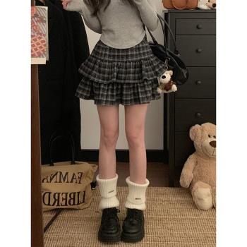 大碼女裝撞色條紋格子半身裙春季新款時尚荷葉邊蛋糕裙少女短裙子