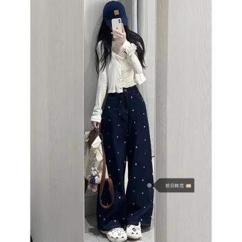 大碼復古小花刺繡設計感闊腿牛仔褲女2025春季新款高腰不褪色長褲