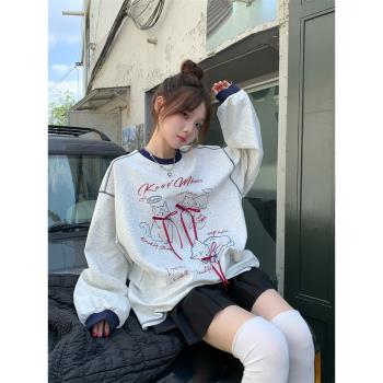 蝴蝶結撞色印花長袖衛衣女2024秋季新款韓系設計感寬松別致上衣潮