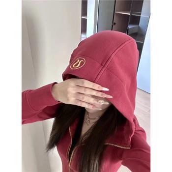 韓系lulu連帽衛衣開衫女秋冬加絨加厚修身顯瘦休閑運動百搭外套潮