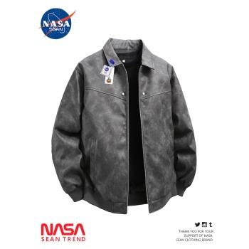 NASA聯名美式復古翻領皮衣外套男春秋新款美拉德寬松高階感皮夾克