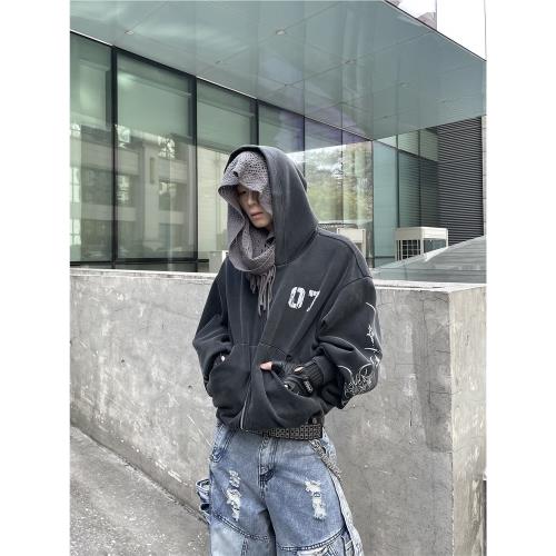 DARKFOG 小眾做舊印花連帽短寬開衫外套男女運動休閑街頭百搭衛衣