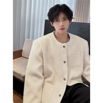 小香風無領設計感墊肩西裝外套男春秋季寬松時尚潮流百搭夾克上衣