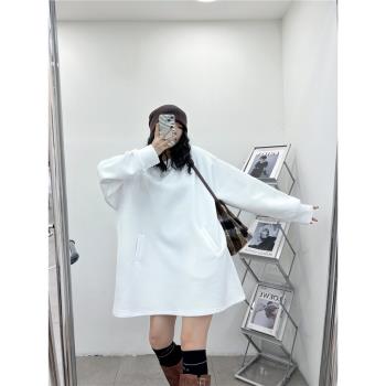 純色秋冬口袋衛衣女歐洲站寬松顯瘦凈版時尚設計感中長款上衣外套