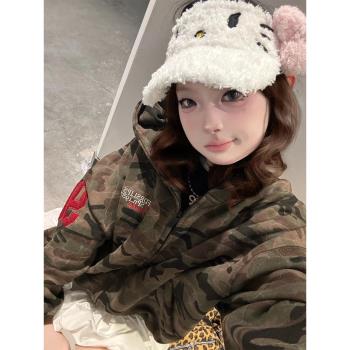 美式高街連帽衛衣女秋冬新款迷彩拉鏈開衫外套寬松高階感情侶上衣