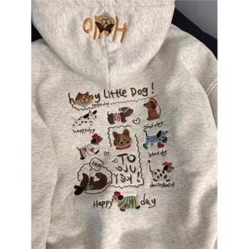 美式刺繡連帽衛衣女重磅純棉春秋2025新款爆款小個子加絨加厚上衣
