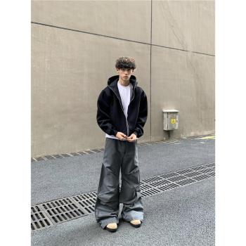 美式高街cleanfit拉鏈開衫連帽衛衣男高級感boxy短寬帽衫情侶外套