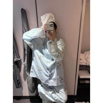 韓版可愛卡通小鴨子印花睡衣春秋女款2025長袖長褲家居服大碼套裝