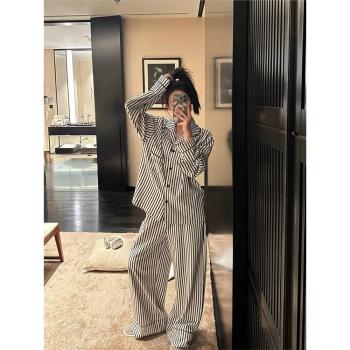 條紋睡衣女春秋季2024年新款純棉長袖闊腿褲慵懶風寬松家居服套裝
