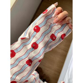 ins時尚紅蘋果長袖睡衣女生春秋藍色條紋甜美翻領長褲家居服套裝