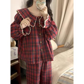紅色格子睡衣女春秋款甜美可愛寬松娃娃領秋季長袖長褲家居服套裝