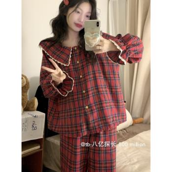紅色格子睡衣女春秋季2025新款蕾絲花邊長袖長褲家居服套裝可外穿