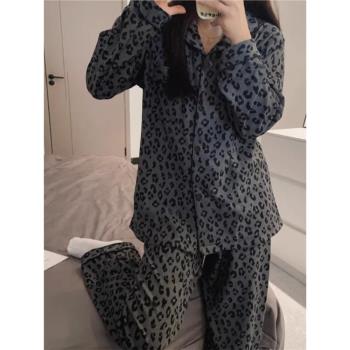 黑灰色豹紋睡衣女春秋季長袖純棉韓版ins風新款家居服套裝可外穿