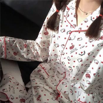卡通凱蒂貓hellokitty睡衣女可愛少女春秋款純棉紗長袖家居服套裝