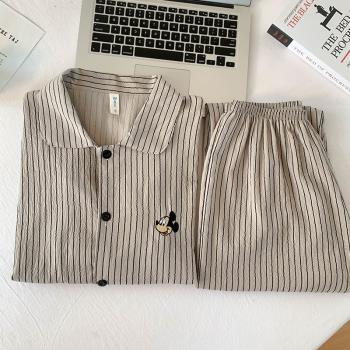 韓版米奇條紋雲朵棉睡衣女款春秋季長袖長褲套裝純棉紗家居服夏天