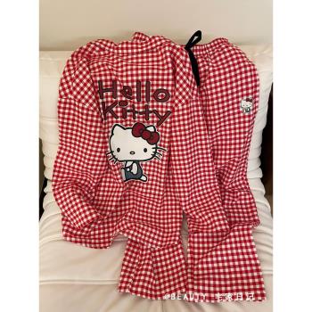 甜美少女格紋凱蒂貓睡衣女春秋新款2025年格子長袖開衫家居服套裝