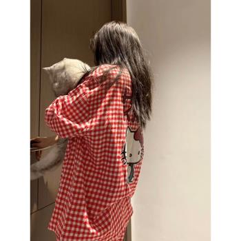 少女可愛HelloKitty睡衣女款2025春秋款新寬松舒適大碼家居服套裝