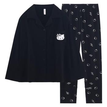 網紅風黑色卡通純棉睡衣女長袖春秋款ins凱蒂貓學生可外穿家居服