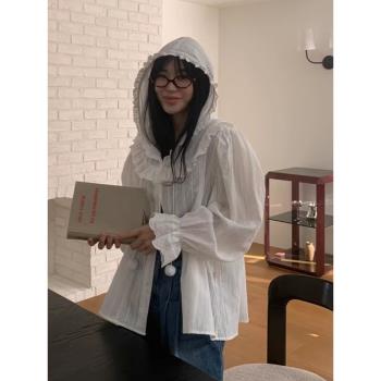 韓國chic早春新款設計感單排扣拼接木耳邊寬松百搭長袖連帽襯衫女