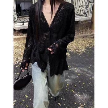 黑色V領蕾絲鉤花襯衫女2025春季新款氣質鏤空高級感長袖開衫上衣
