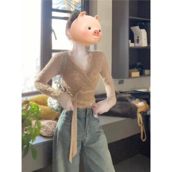 法式純欲性感綁帶V領蕾絲衫女春季新款高階氣質修身收腰打底上衣