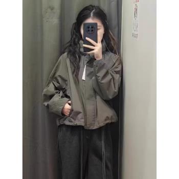474894 春季女裝防風立領茄克連帽短外套 戶外簡約百搭純色夾克