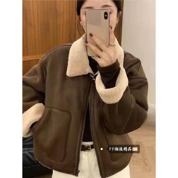 韓版翻領復古保暖加厚羊羔毛外套女新款寬松休閑皮毛一體短款棉服