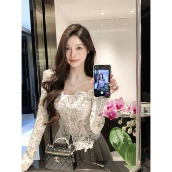 2025新款春裝修身性感蕾絲衫女小心機時尚辣妹長袖上衣設計感襯衫