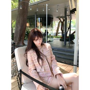 Bigking大金家 粉色小香風外套女春高級感氣質粗花呢上衣短褲套裝