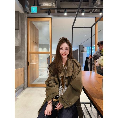 錢美西 200g匹馬棉高織密重磅紗洗 軍綠色工裝外套風衣夾克女春