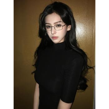 黑色氣質半袖針織衫女裝春季新款辣妹緊身顯瘦內搭短款半高領上衣