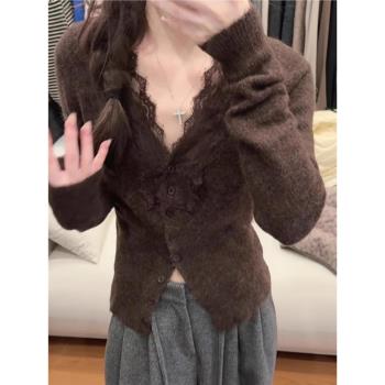 咖色v領蕾絲針織開衫女2025早春修身獨特別致內搭打底羊毛衫上衣