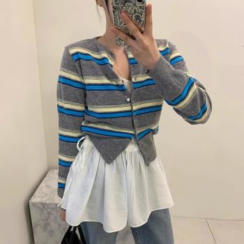 韓國chic春季復古減齡圓領單排扣修身顯瘦長袖條紋針織開衫外套女
