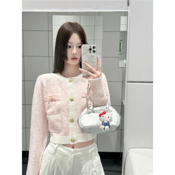 粉色甜美風長袖毛衣開衫外套女夏季小個子短款氣質顯瘦針織衫上衣
